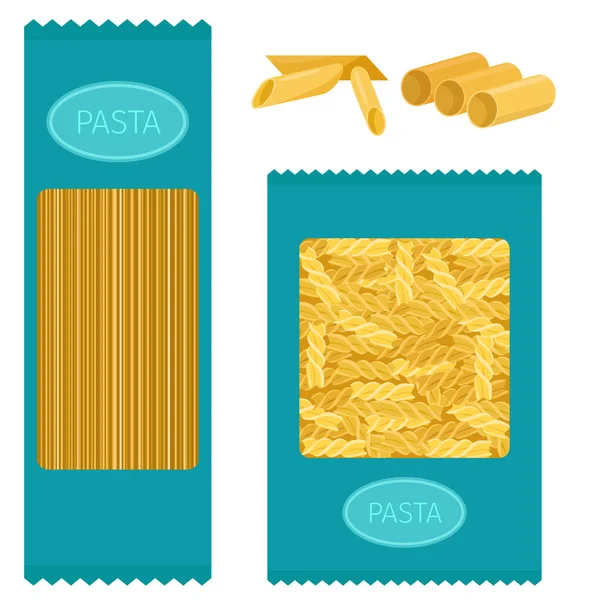 不同类型面食全麦玉米米粉有机食品通心粉黄色营养晚餐产品矢量插图 — 图库矢量图片