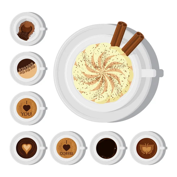 Различные типы кофе шоколад какао чашки вид сверху идеально подходит для меню ассортимента векторной иллюстрации . — стоковый вектор