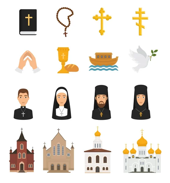 Chrześcijańskich ikon wektorowych chrześcijaństwo religia znaków i symboli religijnych Kościoła wiary Chrystusa Biblii krzyż ręce modląc się do Boga ilustracja na białym tle — Wektor stockowy