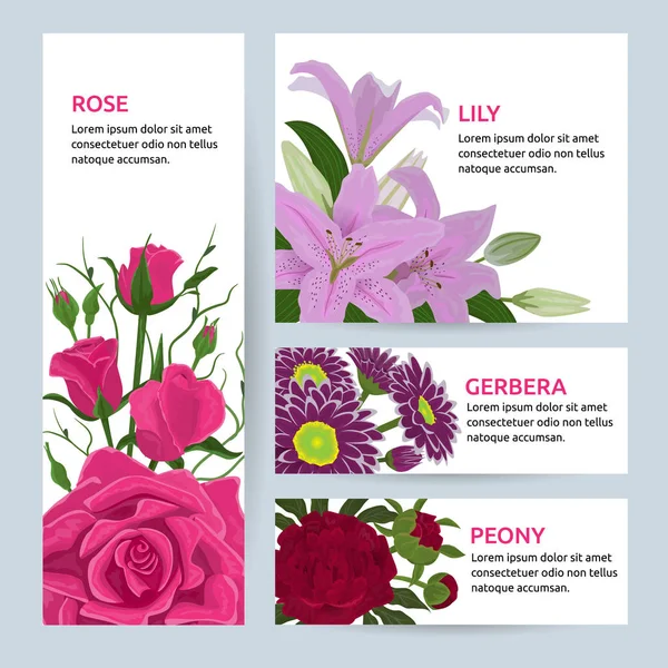 Carte florale invitation vectorielle set carte postale de vœux avec bouquet de fleurs de nénuphar rose gerbera pivoine vintage illustration inviter isolé sur fond blanc . — Image vectorielle