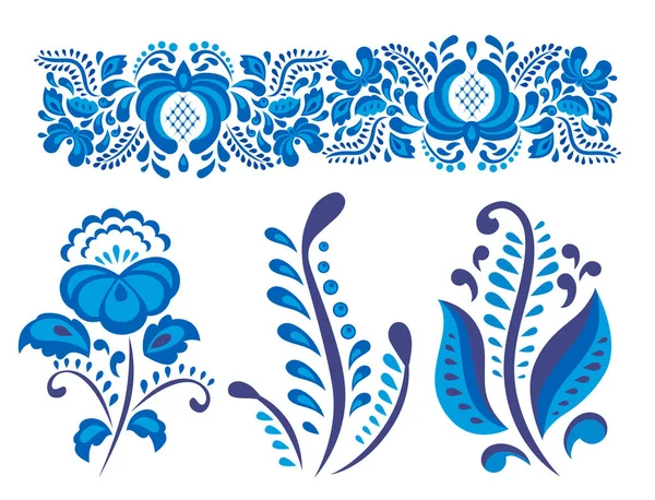 白い花伝統的な民俗ブルーム分岐パターン ベクトル図がブルーで描かれたロシアの装飾芸術 gzhel スタイル. — ストックベクタ