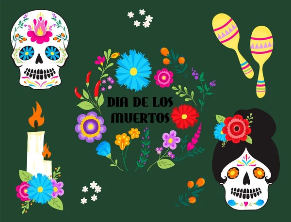 Colorful symbols Dia De Los muertos holiday day of the dead vector. — Stock Vector