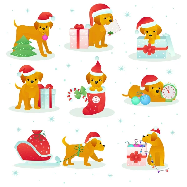 Cachorro animal de estimação do cão de Natal vetor no chapéu de santa em Natal ou Feliz Ano Novo festa de férias com presente apresentado ao cachorrinho isolado na ilustração de fundo branco —  Vetores de Stock
