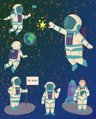 Vektör çalışma karakteri ve having fun astronotlar uzayda uzay adamı gökada atmosfer sistem fantezi seyahat adam.