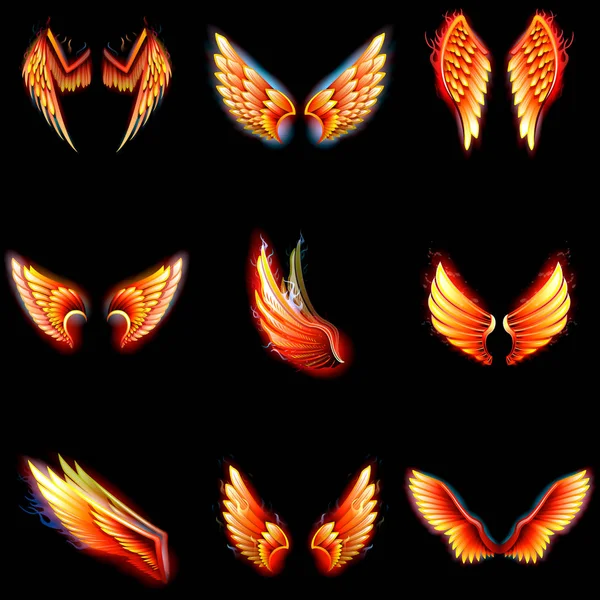 火翼のフェニックスのベクトル翼ホット地獄図で黒の背景上に孤立インフェルノ fireburn のファンタジーの鳥炎のような翼を燃やす天使 — ストックベクタ