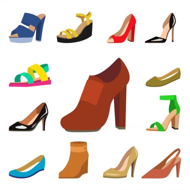 Bayan Ayakkabı deri koleksiyonu mokasen ayakkabı sandalet illüstrasyon renkli düz moda tasarım vektör