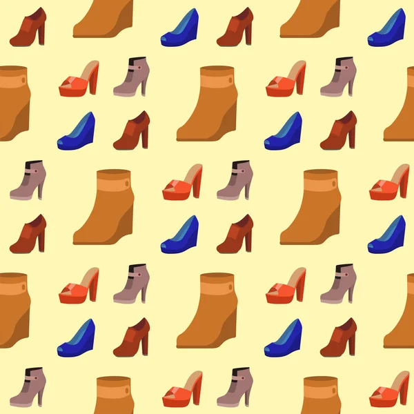 여자 신발 플랫 디자인 벡터 원활한 패턴 배경 가죽 컬러 모카 신 샌들 그림. — 스톡 벡터