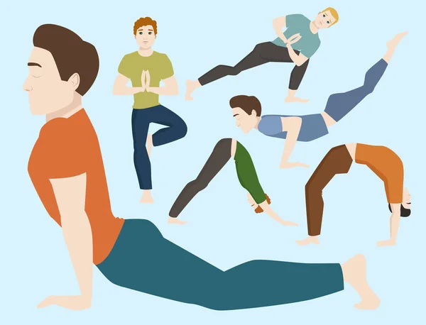 Posizioni yoga personaggi mans classe meditazione concentrazione maschile pace umana stile di vita vettoriale illustrazione . — Vettoriale Stock