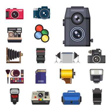 Kamera fotoğraf optik lensler farklı objektif retro fotoğrafçılık ekipmanları profesyonel görünüm vektör çizim ayarla.
