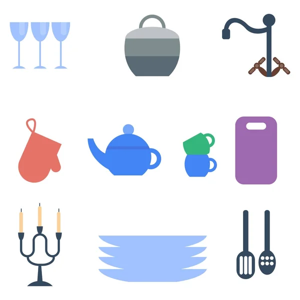 Set van keuken gebruiksvoorwerpen eten keukengerei koken batterij binnenlandse tafelgerei vectorillustratie — Stockvector