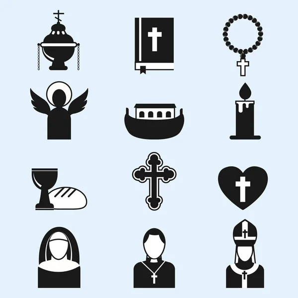 Christendom-Religie plat pictogrammen vector illustratie van traditionele heilige religieuze zwarte silhouet mensen bidden — Stockvector