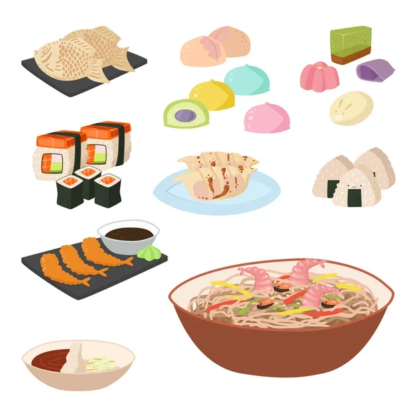Japan vektor mat traditionell måltid matlagning kultur sushi rulle och skaldjursrätter lunch japanska asiatiska köket illustration — Stock vektor