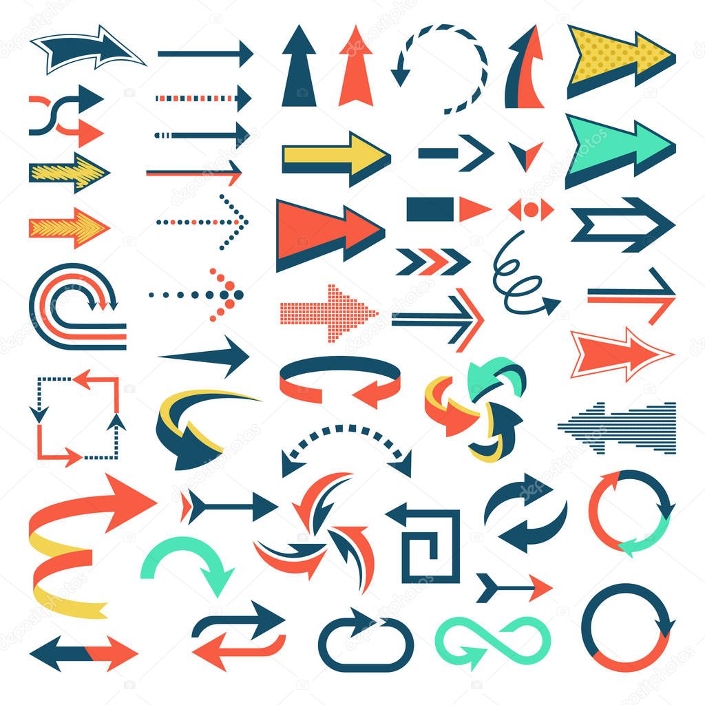 Arrow icons vector set arrowheads direction or cursed arrow design up down narrow circle sign collection illustration isolated on white background