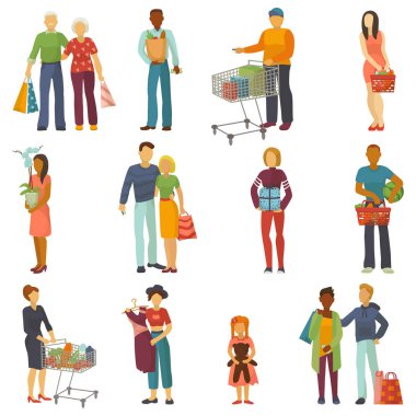 İnsanlar vektör alışveriş alışveriş çantası veya shoppingcart salonu ve özel karakter veya beyaz arka plan illüstrasyon izole mağaza satış satın alma shoppingbag taşıyan alıcı ile satın