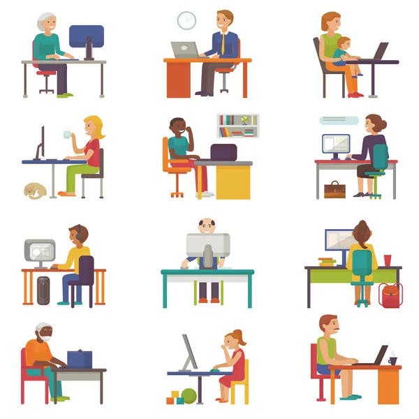 As pessoas trabalham lugar vetor trabalhador de negócios ou pessoa que trabalha no laptop na mesa no escritório colega de trabalho ou local de trabalho personagem no computador com ilustração isolada no fundo branco —  Vetores de Stock