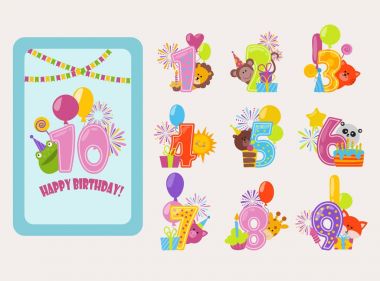 Doğum günü numaraları vektör karikatür yıldönümü doğum balon simgeler Doğum tarihi parti davetiye kartı rakamı 1, 2, 3, 4 ve 5 yıl şablon şekil izole rozetleri illüstrasyon numaralandırma sayılı