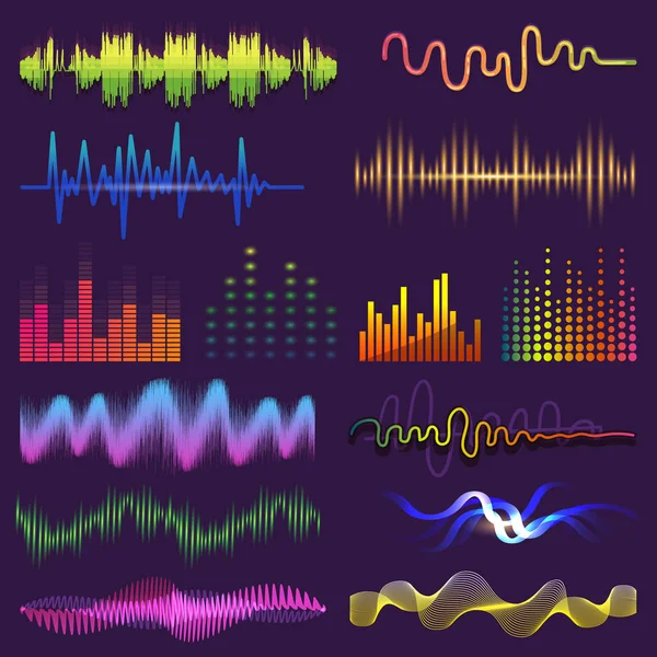 Ondas de música de som no vetor de rádio forma de onda sonora e comprimento de onda da trilha sonora e voz ondulada com volume de onda sonora ilustração isolada —  Vetores de Stock