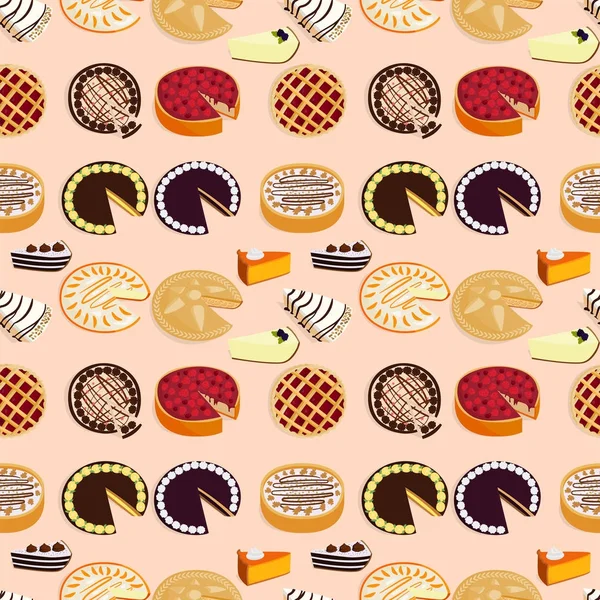 Homemade organic pie dessert vector illustration fresh golden rustic gourmet bakery seamless pattern background. — Stock Vector