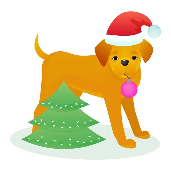 Noel köpek evde beslenen hayvan vektör hayvan köpek yavrusu Xmas veya mutlu yeni yıl tatil kutlaması beyaz arka plan illüstrasyon izole köpek için sunulan hediye ile santa şapka içinde — Stok Vektör