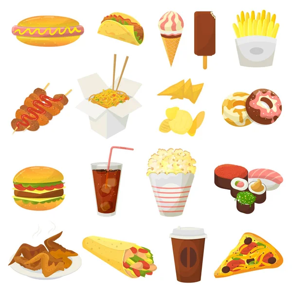 Fast food vector hamburger or cheeseburger with chicken wings and eating junk fastfood snacks burger or sandwich with soda drink icecream or donut illustration isolated on white background — Stock Vector