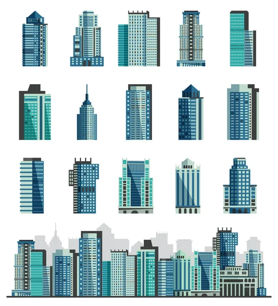 建物超高層ビルや都市スカイライン ベクトルは、白い背景で隔離の高い空図の営利企業と構築アーキテクチャのビジネス事務本館と都市の景観を設定 — ストックベクタ