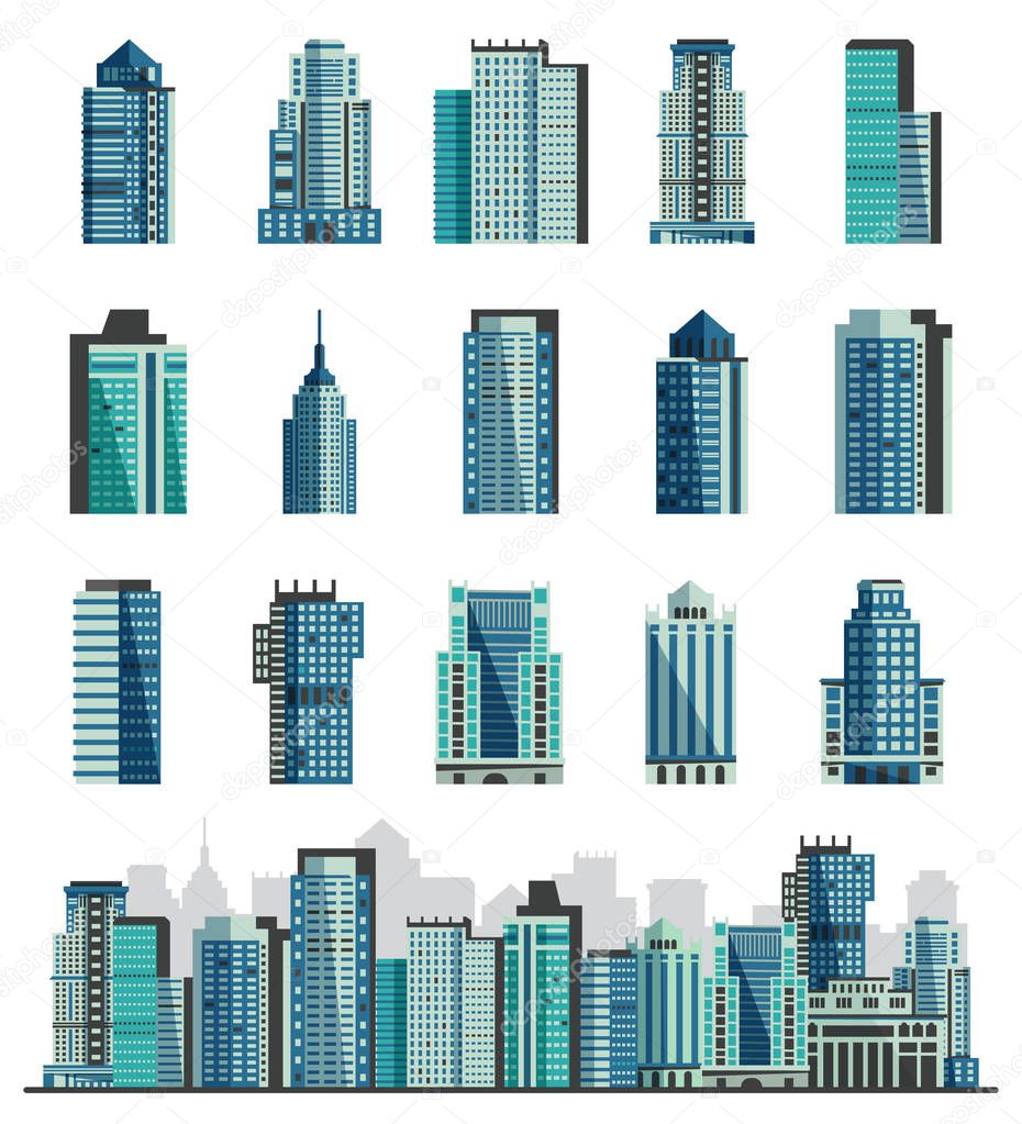 Building skyscraper or city skyline vector set cityscape with business officebuilding of commercial company and build architecture to high sky illustration isolated on white background