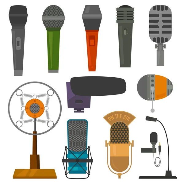 Dictaphone de vecteur audio de microphone et microphones pour la diffusion de podcast ou l'illustration d'ensemble de diffusion de disque de musique isolée sur fond blanc — Image vectorielle