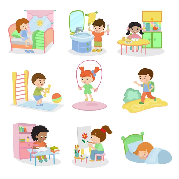 Kids everyday activities vector set children daily activity routine in childhood character active child eating or studying illustration sleeping girl or playing boy in childroom isolated on white — Stock Vector