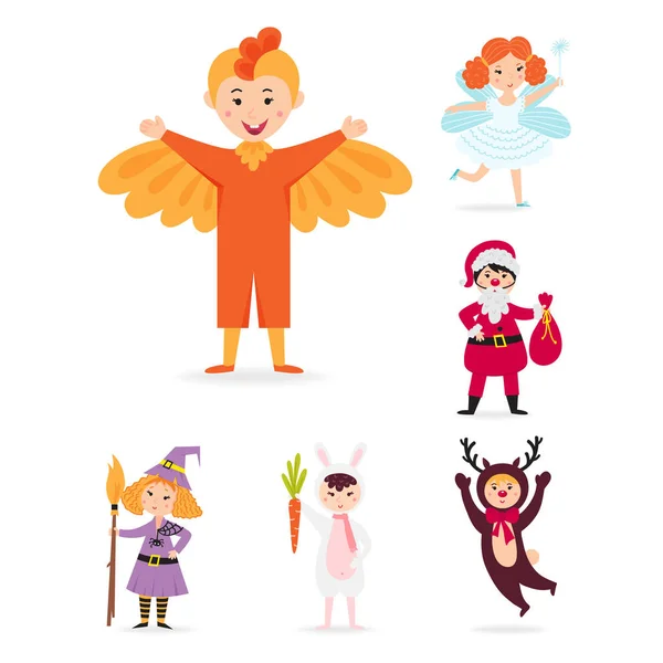 Roztomilé děti nosí vánoční kostýmy vektor znaky málo lidí izolovaných veselé děti prázdniny ilustrace — Stockový vektor
