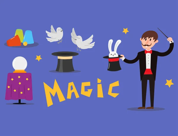 Magos prestidigitador ilusionista personaje trucos malabarista vector ilustración magia conjurer espectáculo dibujos animados hombre — Vector de stock