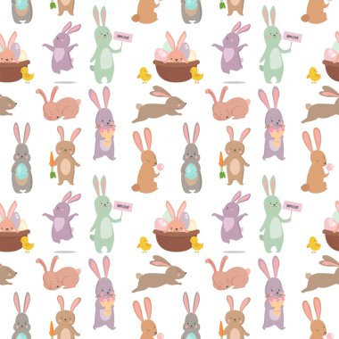 Paskalya tavşan tavşan Dikişsiz desen arka plan vektör şirin mutlu hayvan illüstrasyon karakter.