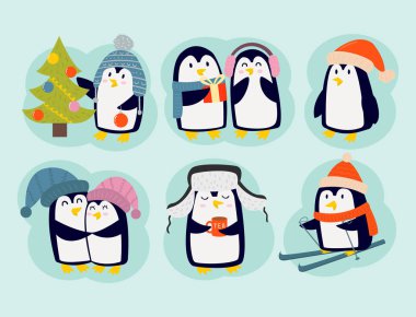 Penguen Noel vektör çizim karakter karikatür komik şirin hayvan Antarktika kutup Gaga kutup kış kuş.