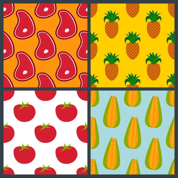 Légumes bio aliments tranchés tomate rouge et maïs ananas bouquet de viande grappe motif sans couture vectoriel illustration fond — Image vectorielle