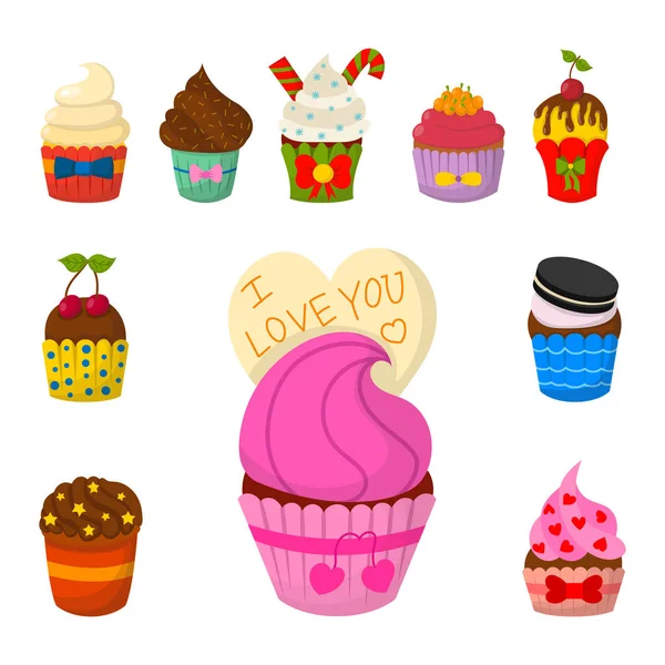 Conjunto de cupcakes vector lindo y magdalenas celebración de chocolate comida de cumpleaños fiesta de panadería dulce lindo espolvorea decoración . — Archivo Imágenes Vectoriales