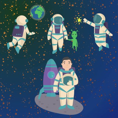 Vektör çalışma karakteri ve having fun astronotlar uzayda uzay adamı gökada atmosfer sistem fantezi seyahat adam.