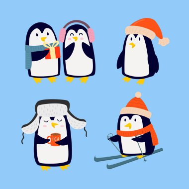 Penguen Noel vektör çizim karakter karikatür komik şirin hayvan Antarktika kutup Gaga kutup kış kuş.