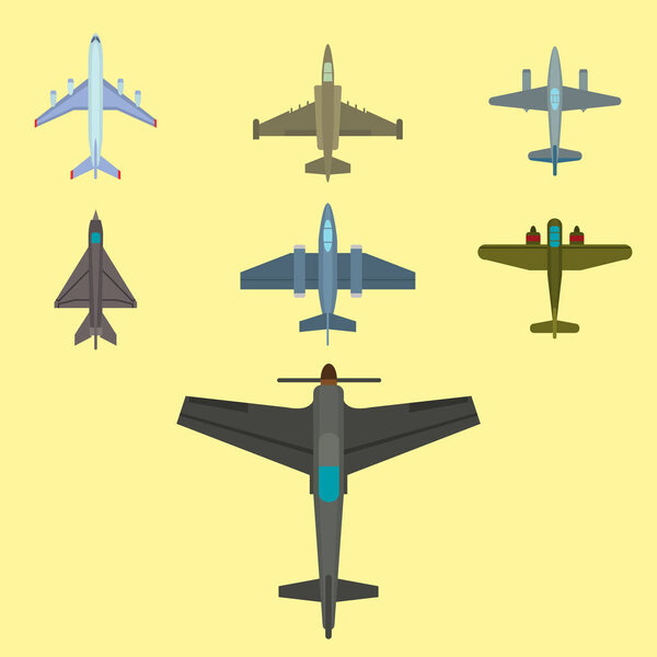 Vector airplane illustration top view and aircraft transportation travel way design journey object.