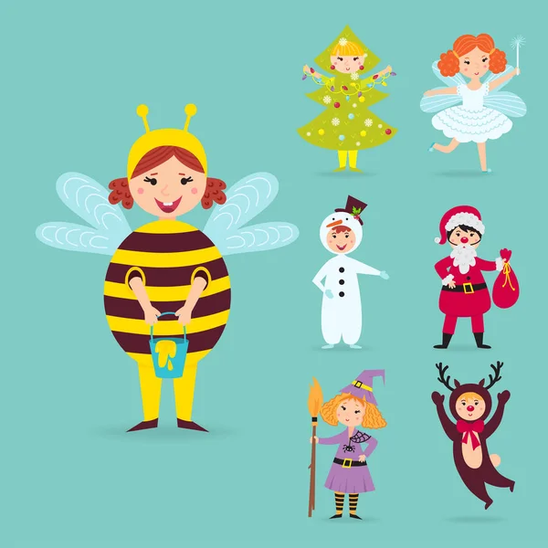 Cute kids wearing Christmas costumes vector characters little people isolated cheerful children holidays illustration — Stock Vector