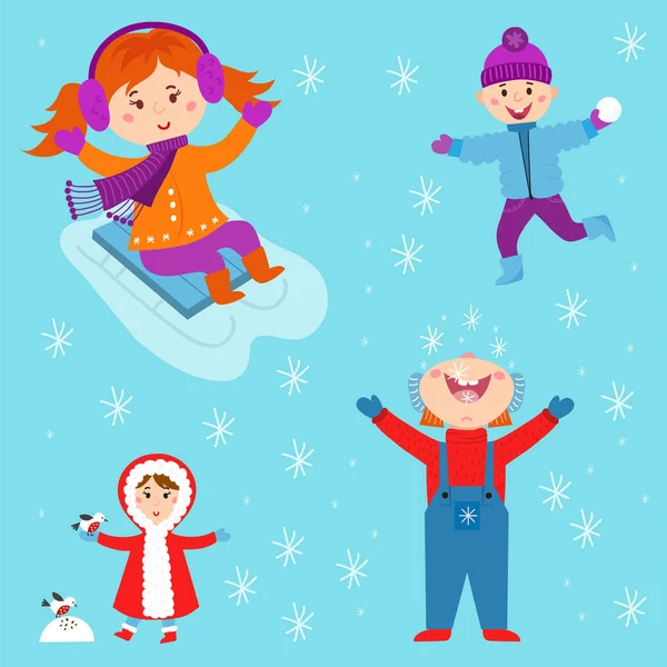 Vánoční děti hrají zimní hry děti hrající sněhové koule kreslený novoroční svátky vektorové ilustrace znaky. — Stockový vektor