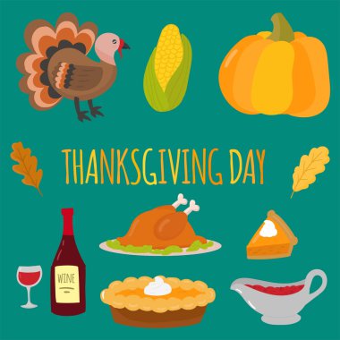 Mutlu Şükran günü sembolleri tatil nesneleri taze yiyecek hasat Sonbahar sezonu vektör çizim tasarım