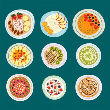 Kahvaltı yulaf lapası ile çilek üstten görünüm lezzetli gurme lezzetli vejetaryen sabah tatlı vektör çizim yemek taze.