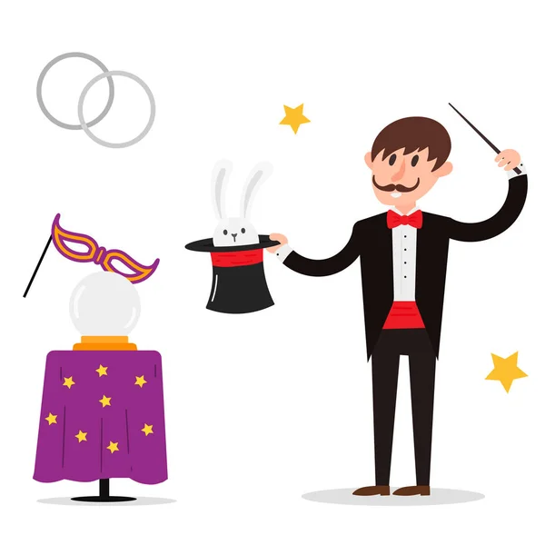 Magicien Xodigitateur illusionniste personnage astuces jongleur vecteur illustration magie conjurer montrer dessin animé homme — Image vectorielle