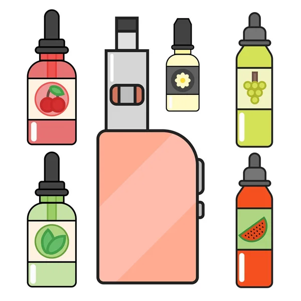 Ensemble de vecteur de dispositif de Vape vaporisateur de cigarette bouteille de jus de vapeur illustration de saveur bobine de batterie . — Image vectorielle