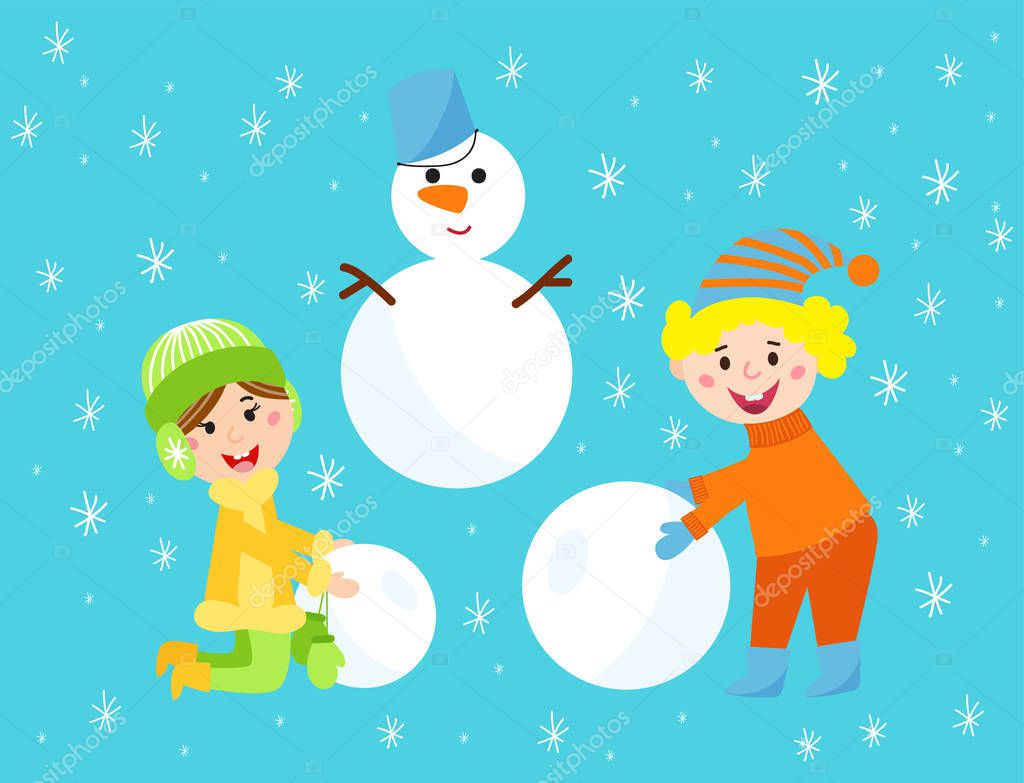 Christmas kids playing winter games children snowballs cartoon new year holidays vector characters illustration.