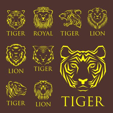 Kaplan baş Kraliyet rozet güzel hayvan vektör ile el çekilmiş aslan yüz illüstrasyon.