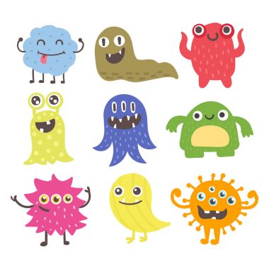 Komik karikatür canavar sevimli uzaylı karakteri yaratık mutlu illüstrasyon şeytan renkli hayvan vektör.