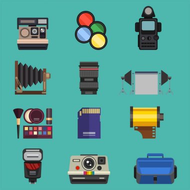 Kamera fotoğraf optik lensler farklı objektif retro fotoğrafçılık ekipmanları profesyonel görünüm vektör çizim ayarla.