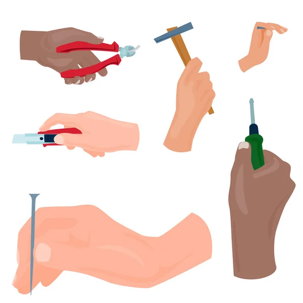Mãos com ferramentas de construção vetor estilo cartoon Casa renovação handyman ilustração — Vetor de Stock