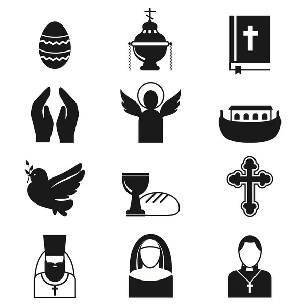 Cristianesimo religione piatto icone vettore illustrazione della tradizionale santa silhouette religiosa nera pregare le persone — Vettoriale Stock