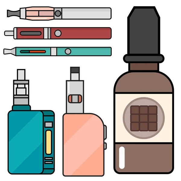 Vape device vector set cigarette vaporizer vapor juice bottle flavor illustration battery coil. — Stock Vector